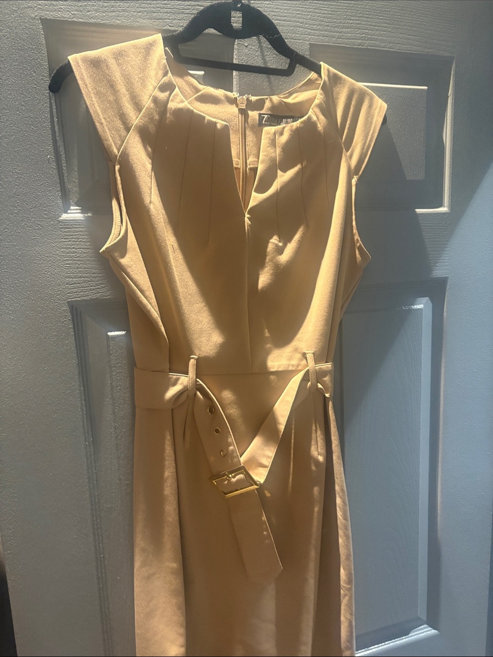 Belted Cream Midi Sheath Dress with Cap Sleeves